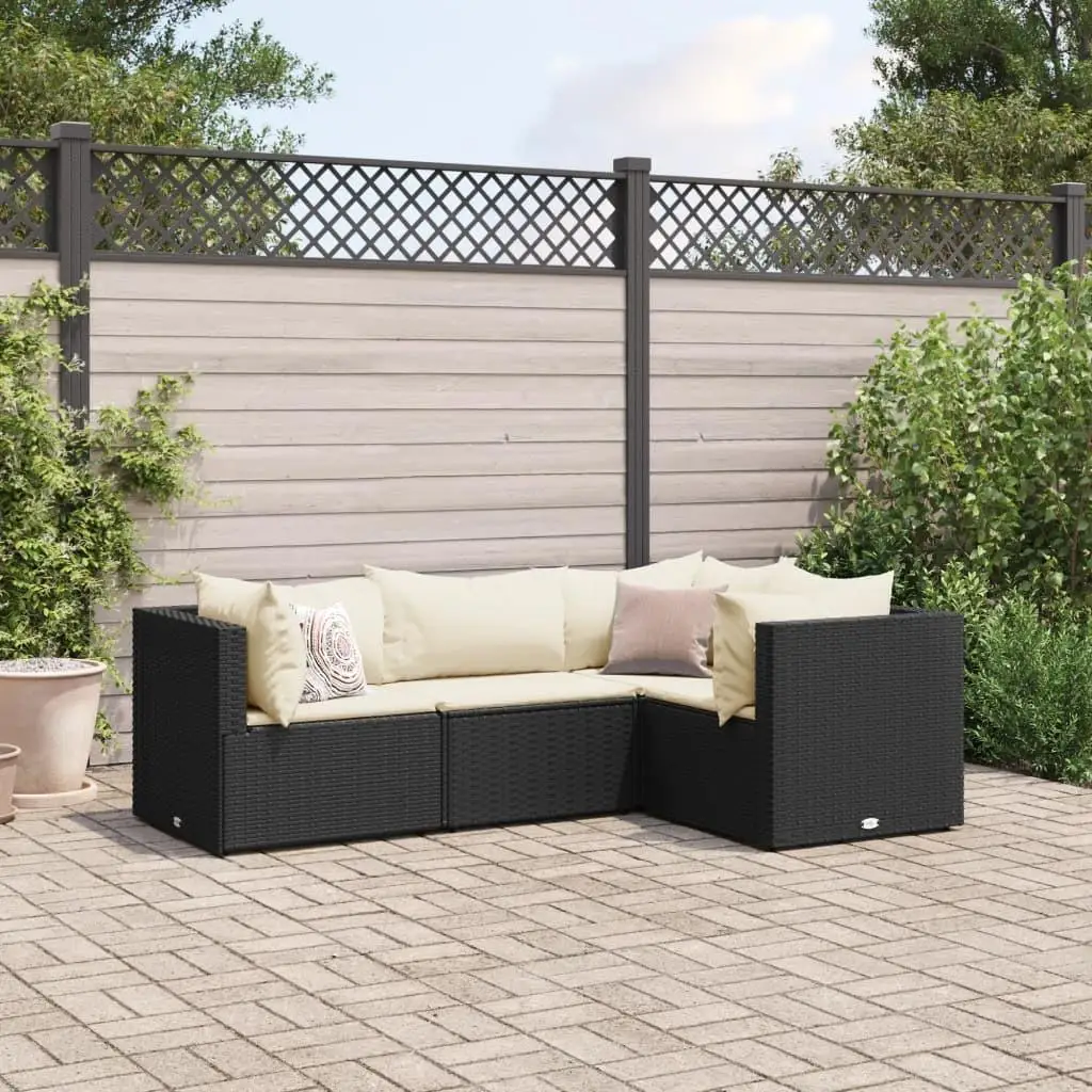 

Stylish 4 Piece Black Poly Rattan Patio Lounge Set with Cushions Modern Garden Furniture