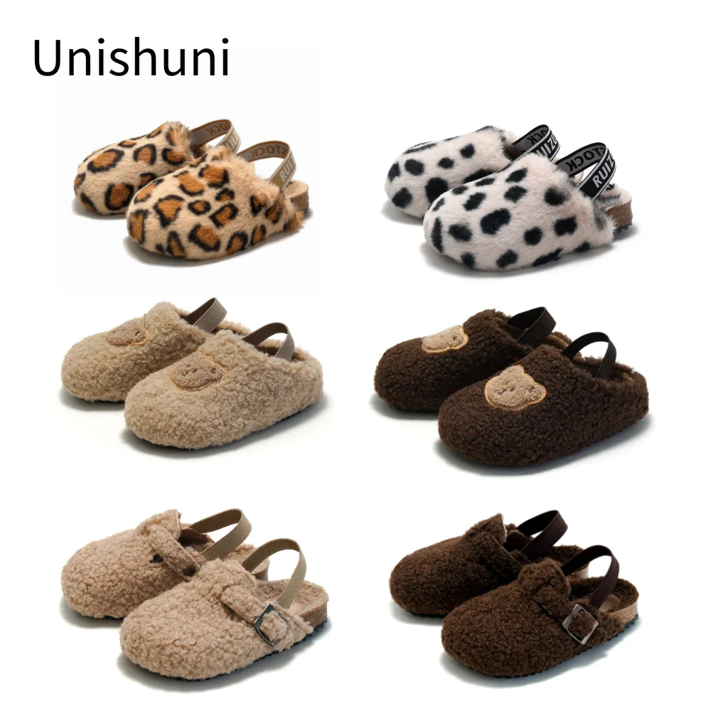 Unishuni Children Leopard Cork Sandal Kid Autumn Winter Mules for Girls Boys Toddler Plush Indoor Home Slipper with Elastic Band