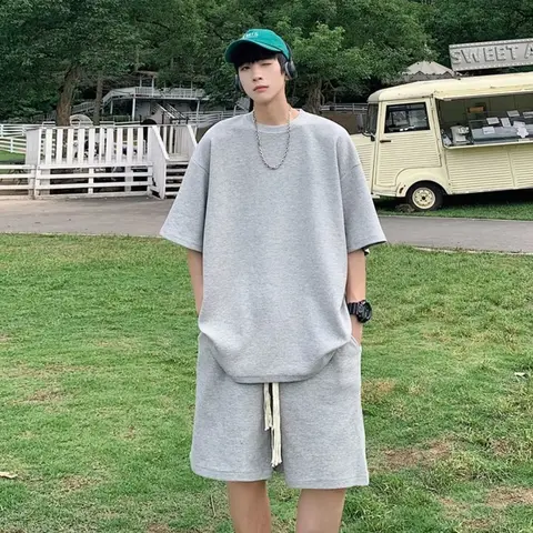 남성용 솔리드 루즈 운동복 세트, 소매 티셔츠 및 반바지, 운동복 브랜드 스포츠 세트, 오버사이즈 5XL, 2024 여름 신상