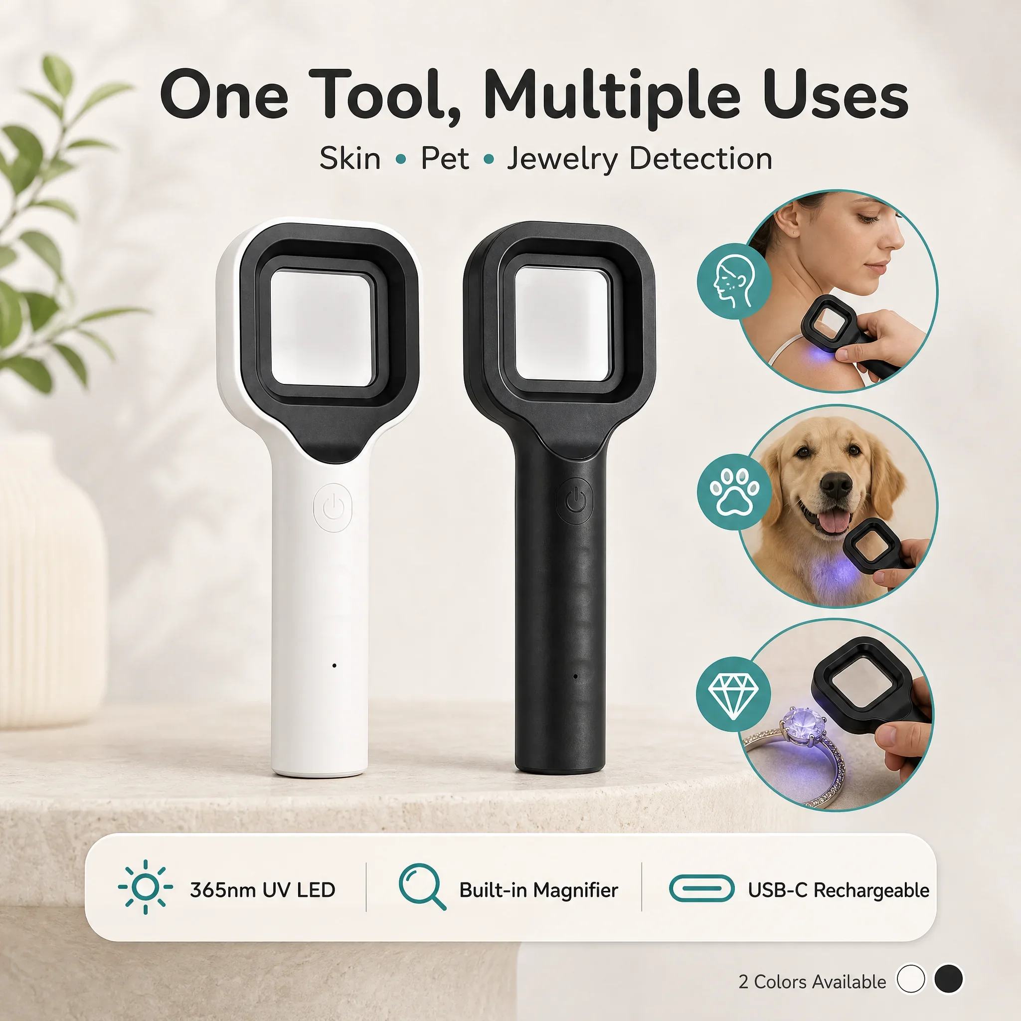 Rechargeable Handheld 365nm Wood Lamp UV Light Magnifier Pet Skin Detection Gemstone Authenticator Torch