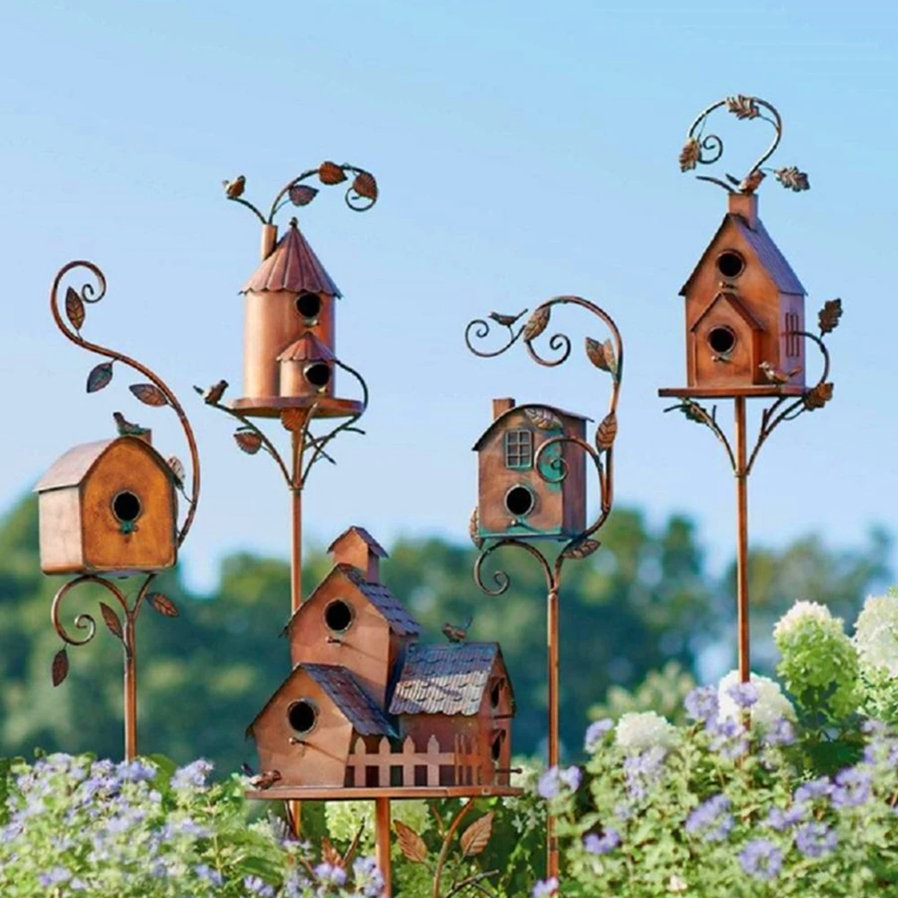 Garden Stake Birdhouse Attractive Bird Feeder Exquisite Outdoor Decor Metal Art With Rod Birdhouse Feeder For Home Garden Decora