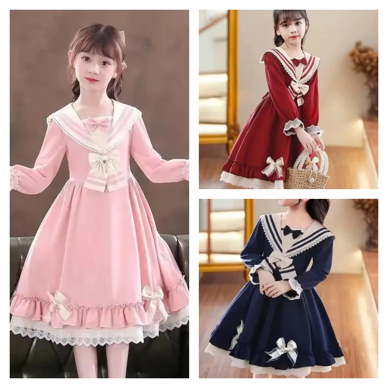 

Лидер продаж, модное платье Лолиты для девочек, студенческое осенне-зимнее повседневное темно-синее топы с героями мультфильмов, платье принцессы, детская одежда