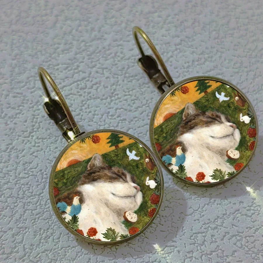 2024 Colorful Cat Earrings Abstract Oil Painting Cat and Animal Style Glass Women\'s Earrings Cute Wedding Gift