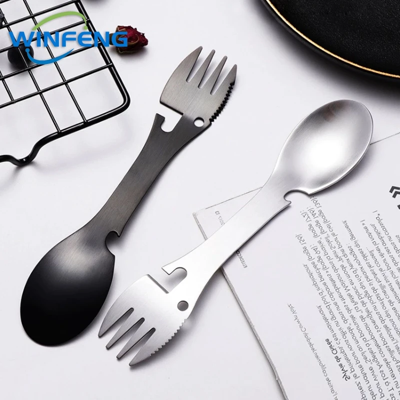 5 in 1 Camping Spoon Fork Bottle Opener Portable Open Can Multifunctional Tool Stainless Steel Self Defense Knife for Outdoor