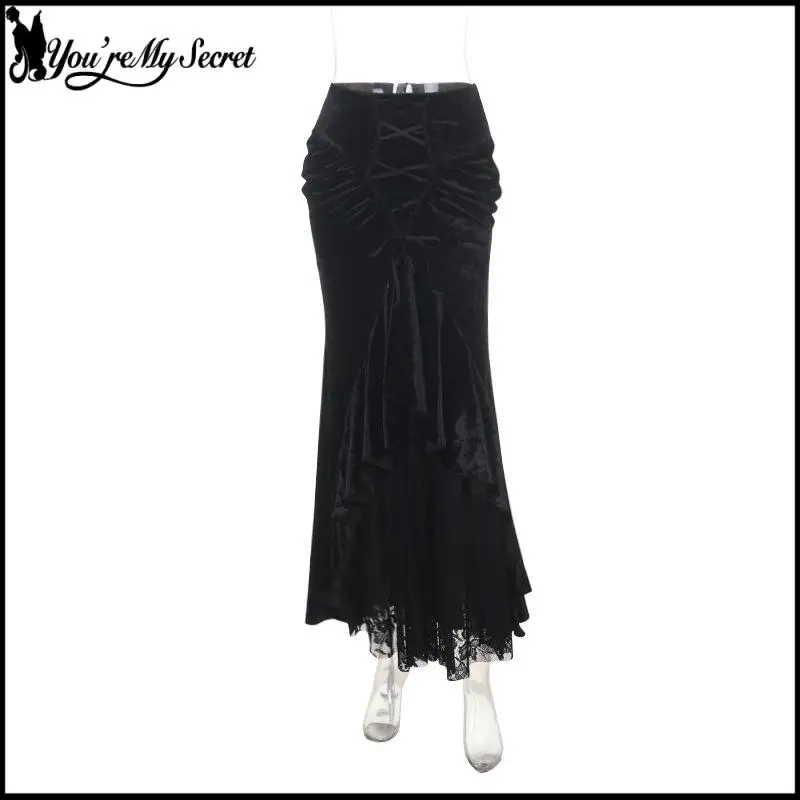 [You're My Secret] Gothic Velvet Mermaid Long Skirt Black Lace Ruffle High Waist Fishtail Skirt Halloween Witch Party Outfits - view 3