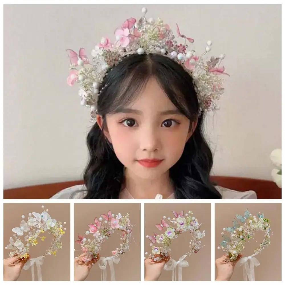 

Bohemia Style Butterfly Fairy Hair Hoop Simulation Flower Silk Ribbon Girls Garland Adjustable Beads Wreath Headband Party