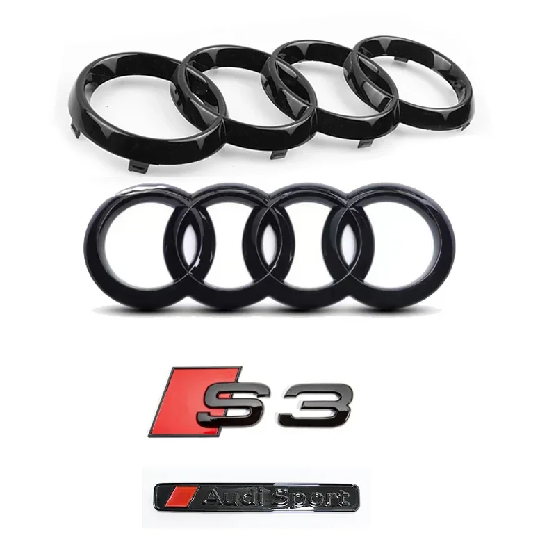 

For S3 2010-2020 4Ring Logo ABS Bright Black Car Front Hood Grill Replaced Emblem Rear Trunk Badge Modified Sticker