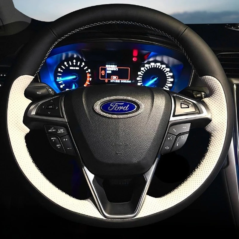 

Сшитый вручную нескользящий черный, белый цвет, чехол на руль автомобиля из натуральной кожи для Ford Mondeo Fusion 2013-2019 EDGE 2015-2019