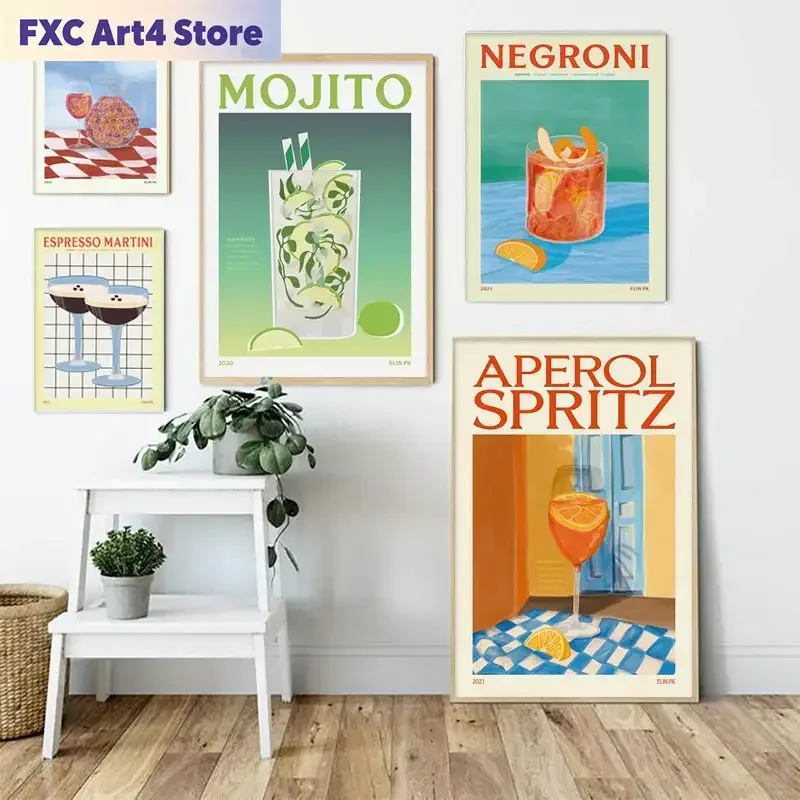 Frameless Cartoon Fruit Juice Mojito Aperol Spritz Posters and Print Sangria Drink Negroni Canvas Painting Club Bar Shop Home De