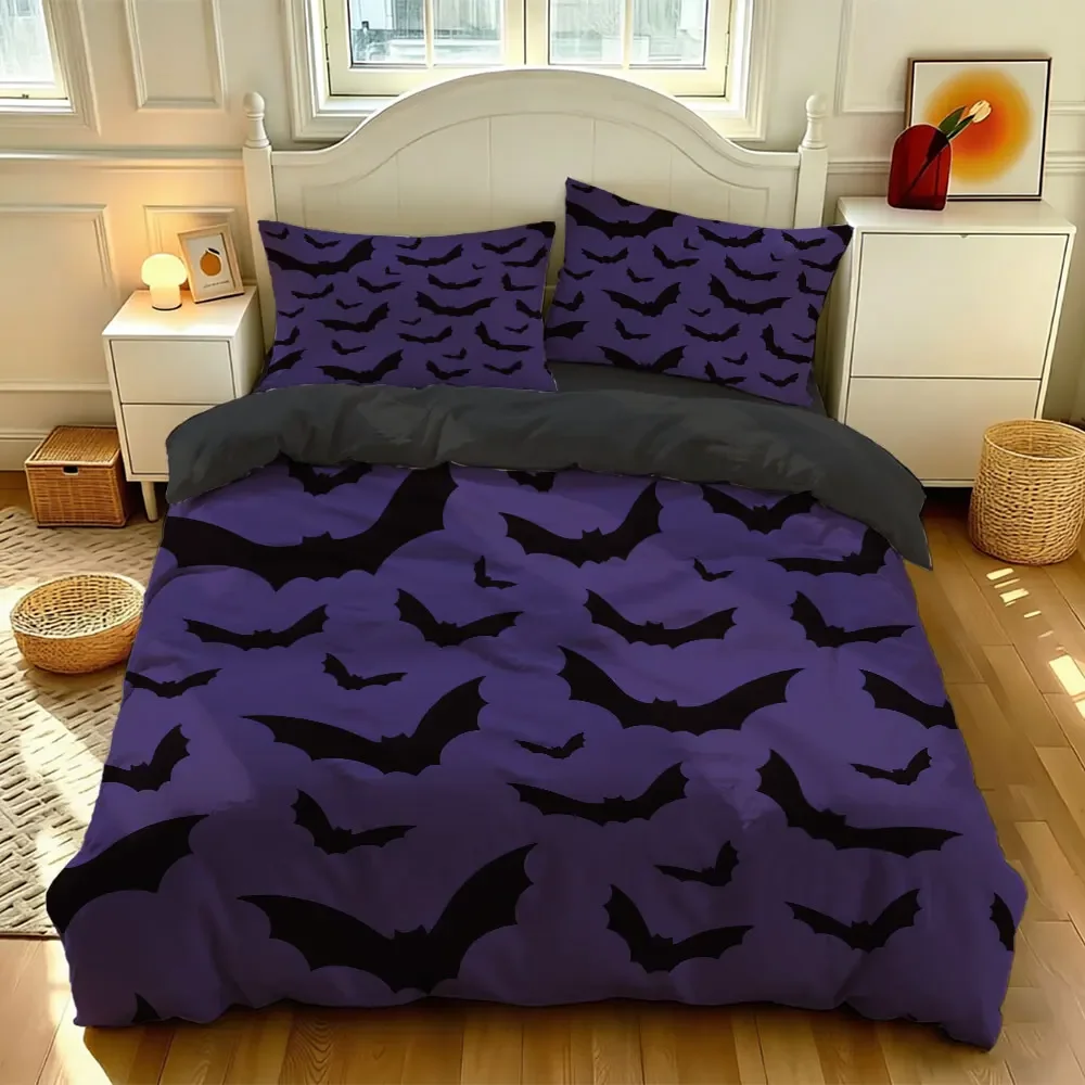 3PCS purple-bottomed dark bat pattern bedding set, without a core soft materialsdecoration machine-washed