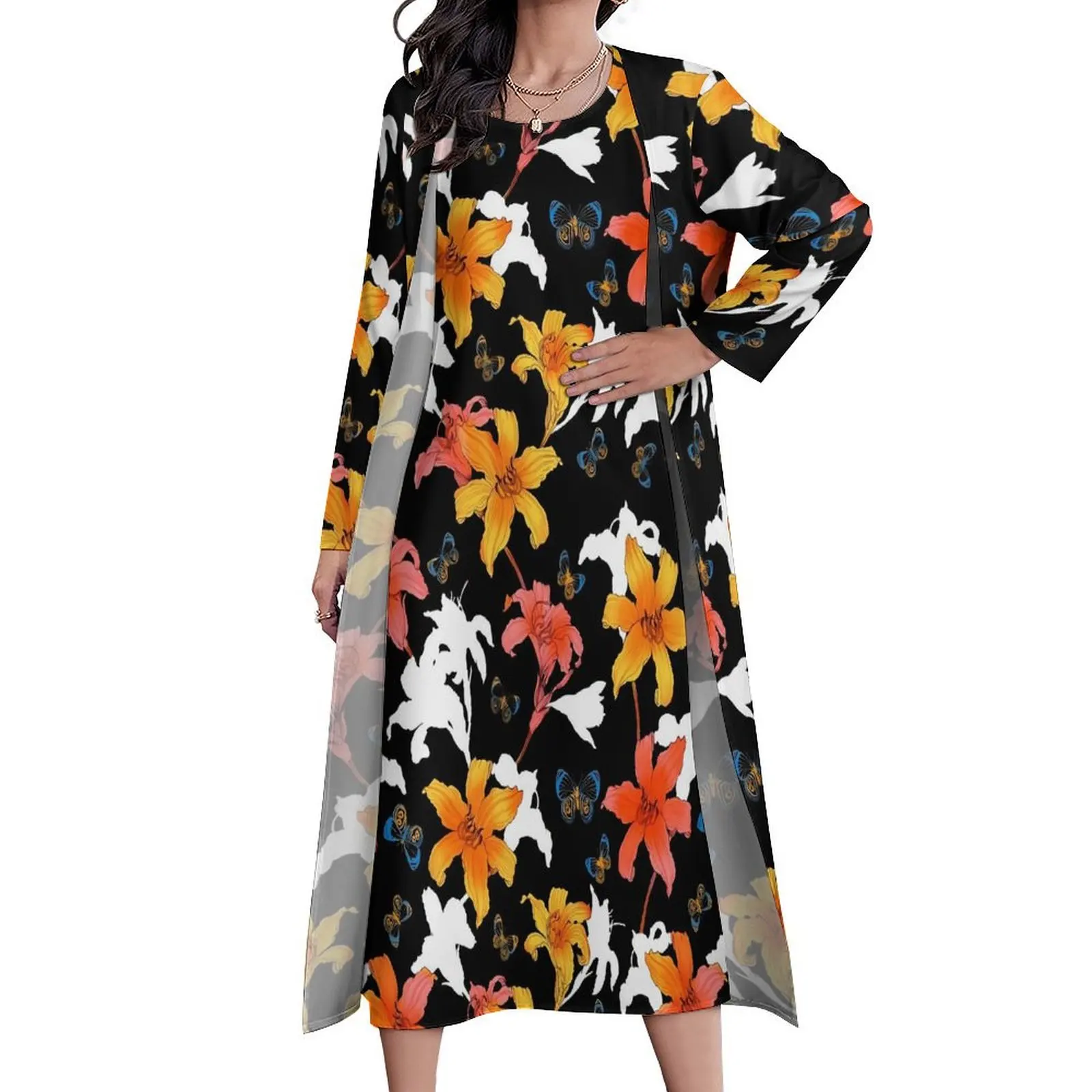 

Lily Floral Dress White Orange Elegant Maxi Dress Street Fashion Bohemia Long Dresses Female Two Piece Design Big Size Vestidos