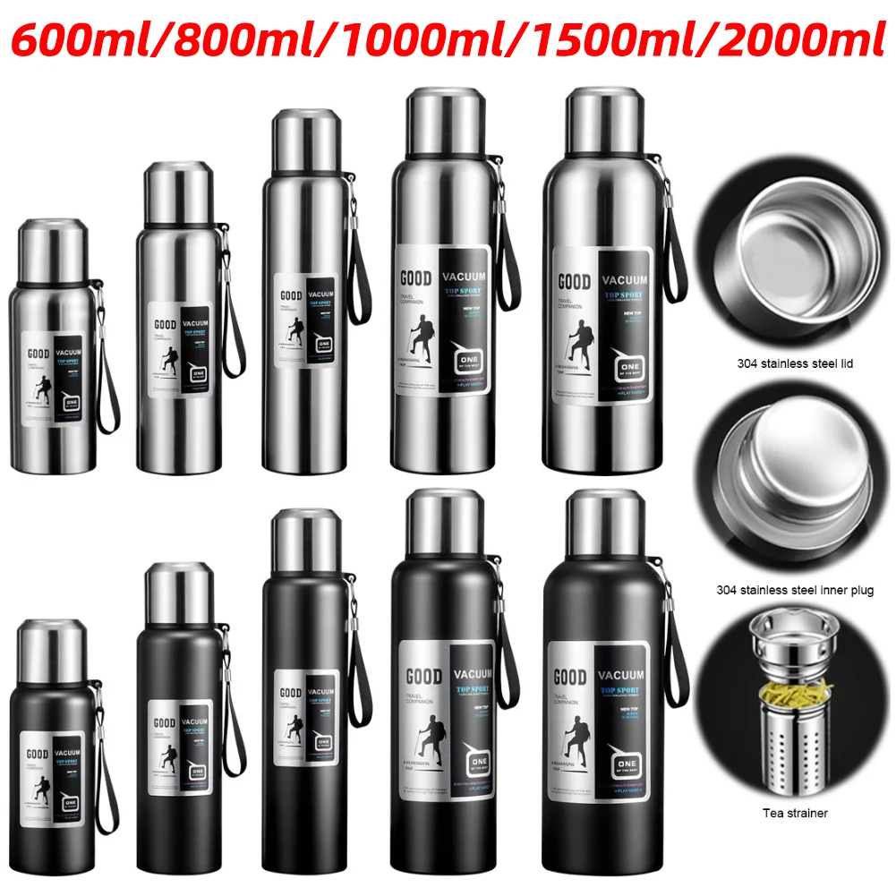 Sport-Vakuumflasche mit Griff, große Kapazität, Edelstahl-Thermowasserflasche für heiße und kalte Getränke, 600/800/1000/1500/2000 ml