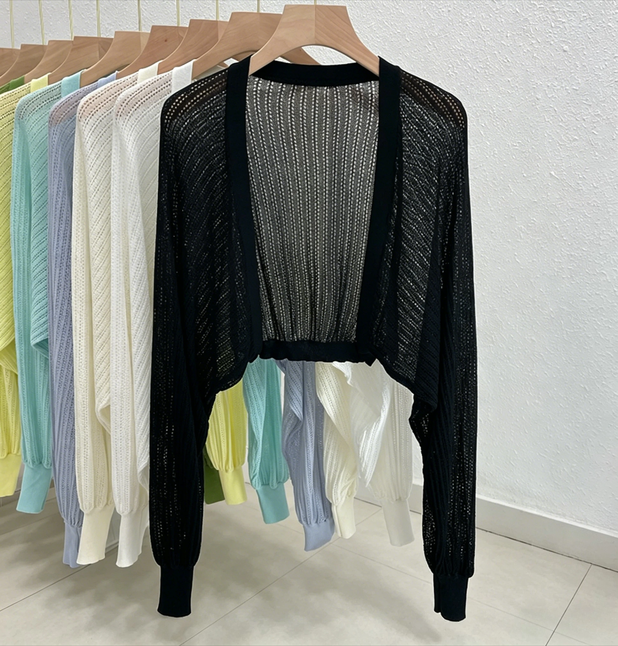 Open Front Pointelle Knitted Cardigan Women Bolero Crop Top Spring Summer Lightweight Blouse Cover Up Openwork Shawl Outfit view 2