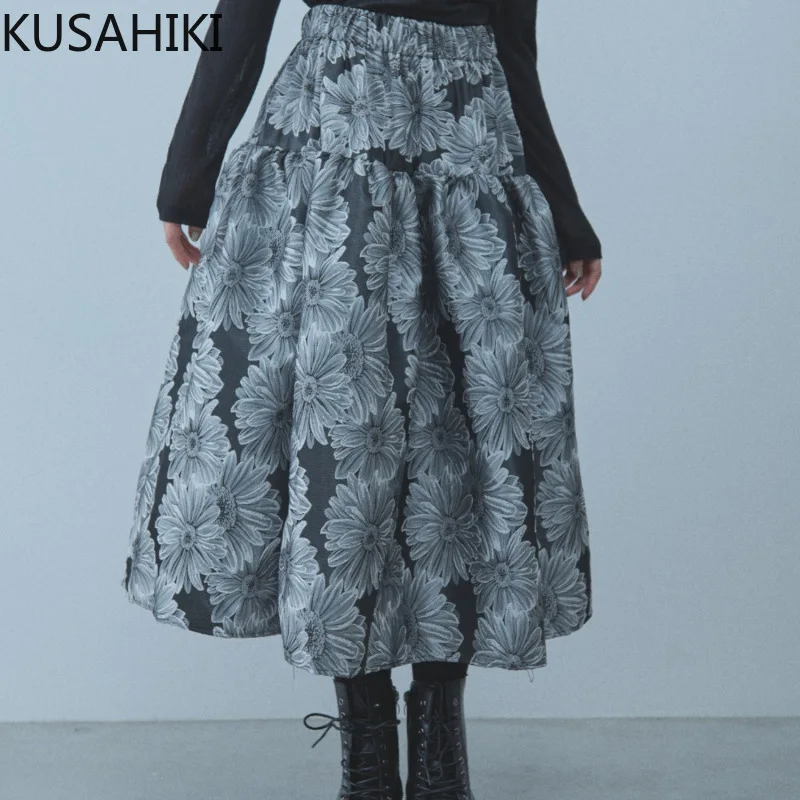 KUSAHIKI Versatile Jacquard Half Length Skirts Fashionable Feminine Style A-line Women's Skirt Mujer Faldas