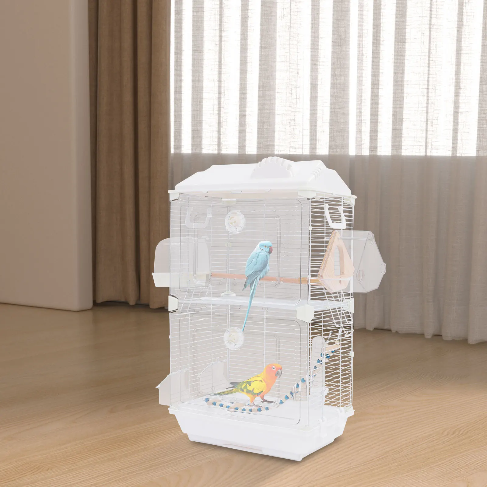 

Белая железная акриловая двухъярусная клетка-вилла для птиц 40x28x71 см с ванной, лежанкой для разведения, защитой от побега, безопасный домик для птиц