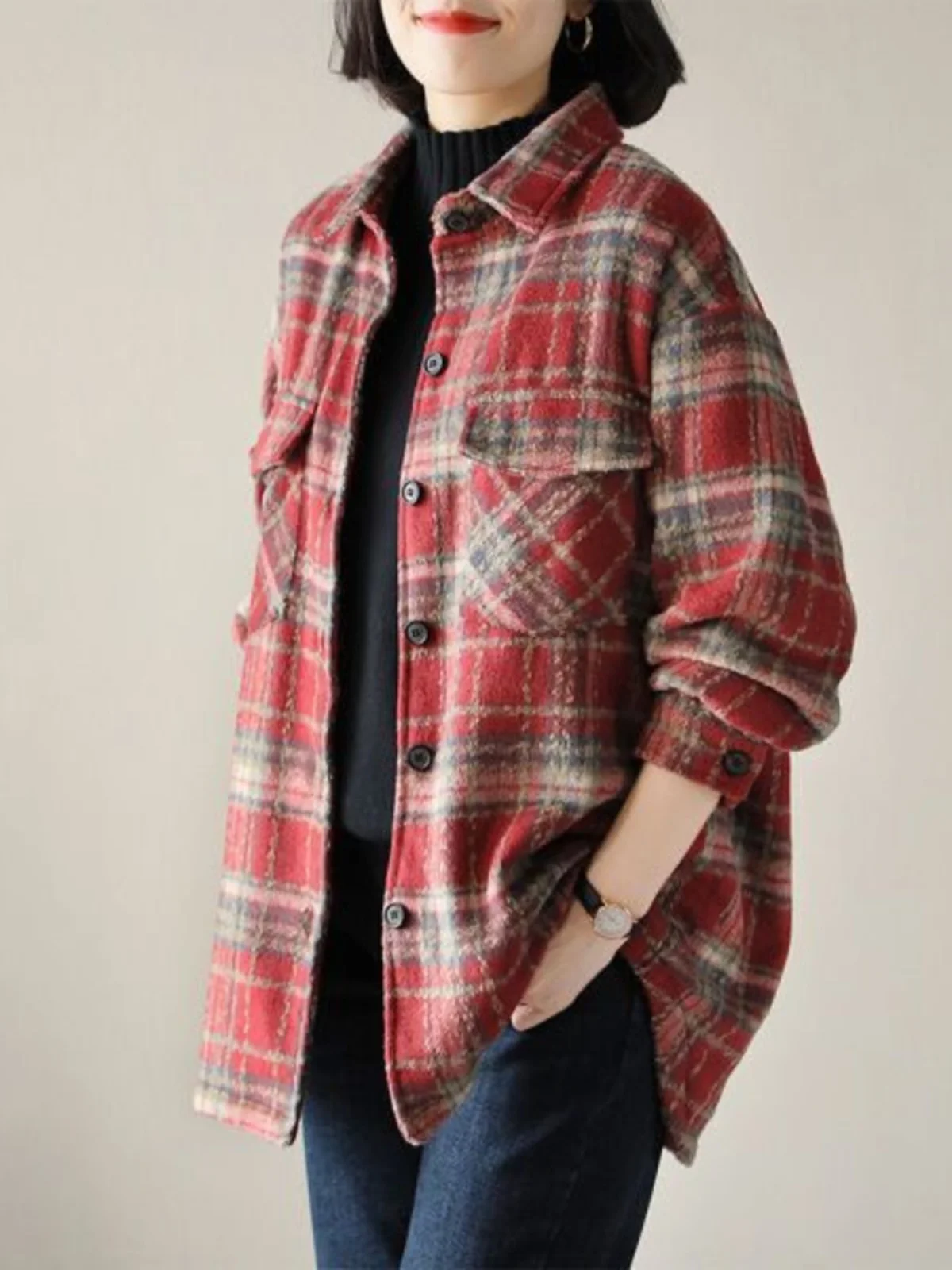 

Ретро-пальто из шерстяной ткани в клетку для женщин, с длинными рукавами, осенне-зимняя модная верхняя одежда, приталенный крой, на одной пуговице, для повседневной носки