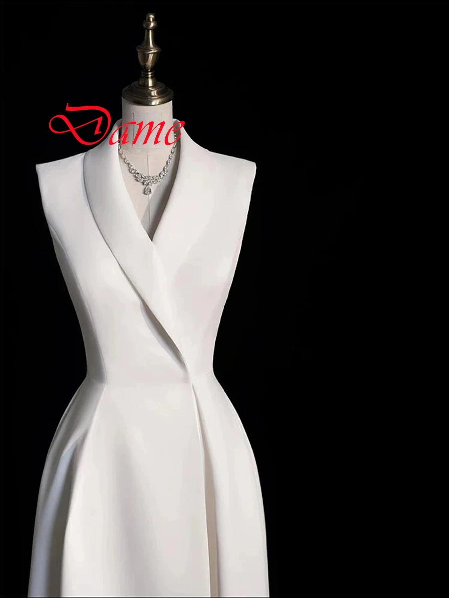 Customized Temperament White Satin Evening Dress High Quality V-Neck Sleeveless Sweep Train Ruched Special Occasion Gowns