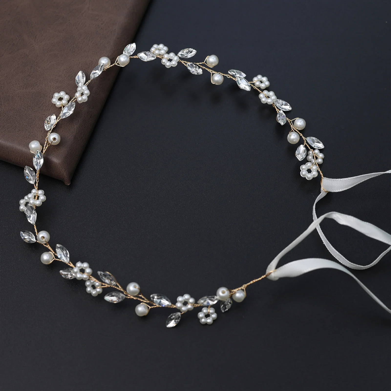 Bridal Pearl Hairband With Crystal Fashion Wedding Guest Hair Accessories Fairy Prom Headband With Ribbon Elegant Marriage Tiara