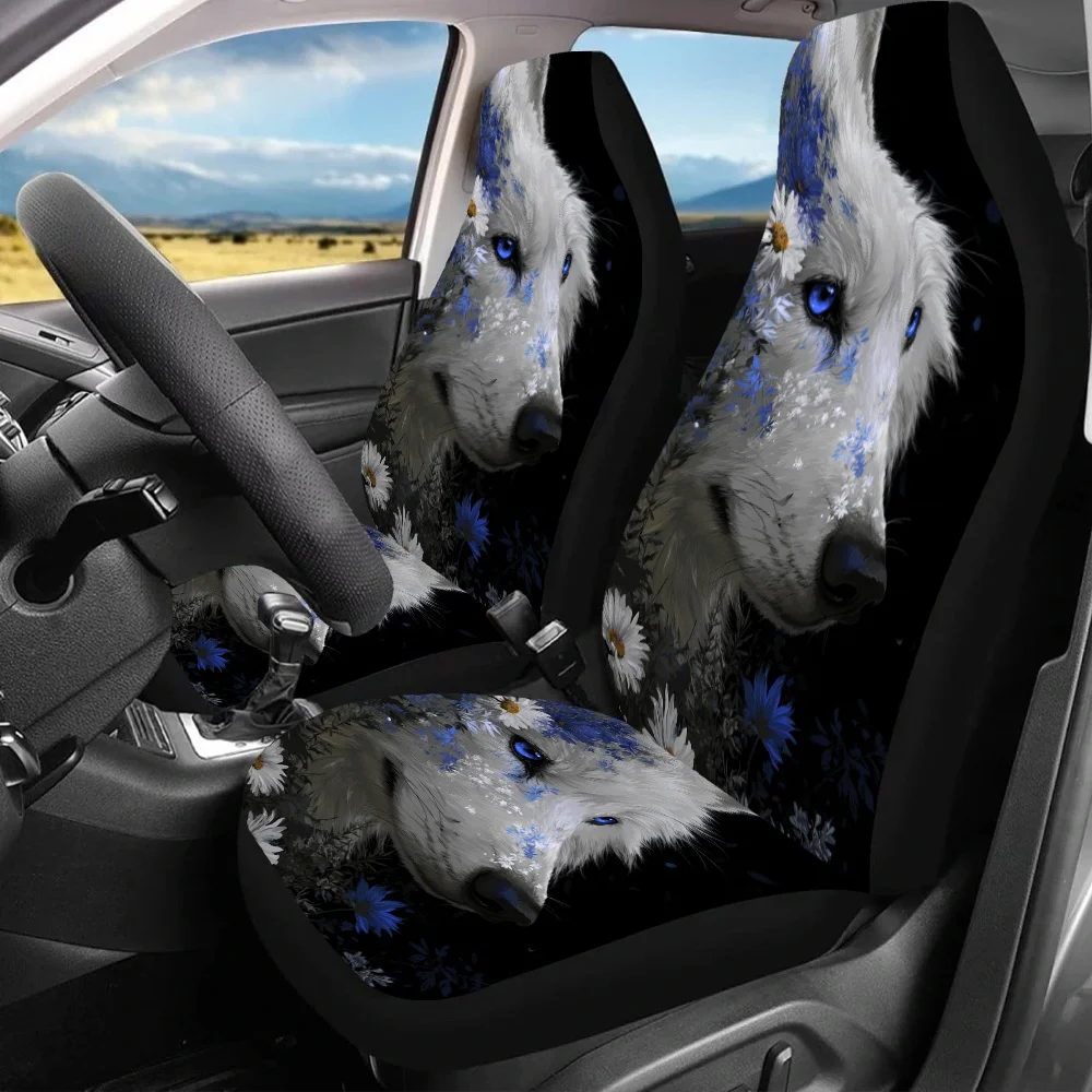 2pcs Floral Wolf Gaze Car Seat Covers | Universal Fit, Polyester Non- Fabric, Sponge Filled, Enhances Driving Pleasure, Ideal Gi