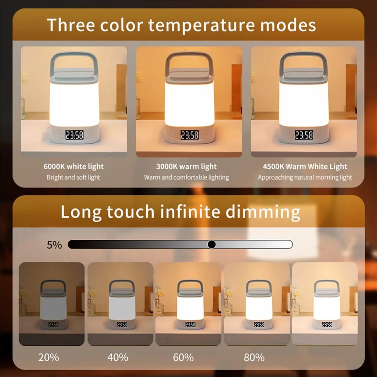 

Портативная светодиодная лампа Y69A с дисплеем времени, перезаряжаемый фонарь с пультом дистанционного управления для кемпинга, спальни, детской комнаты
