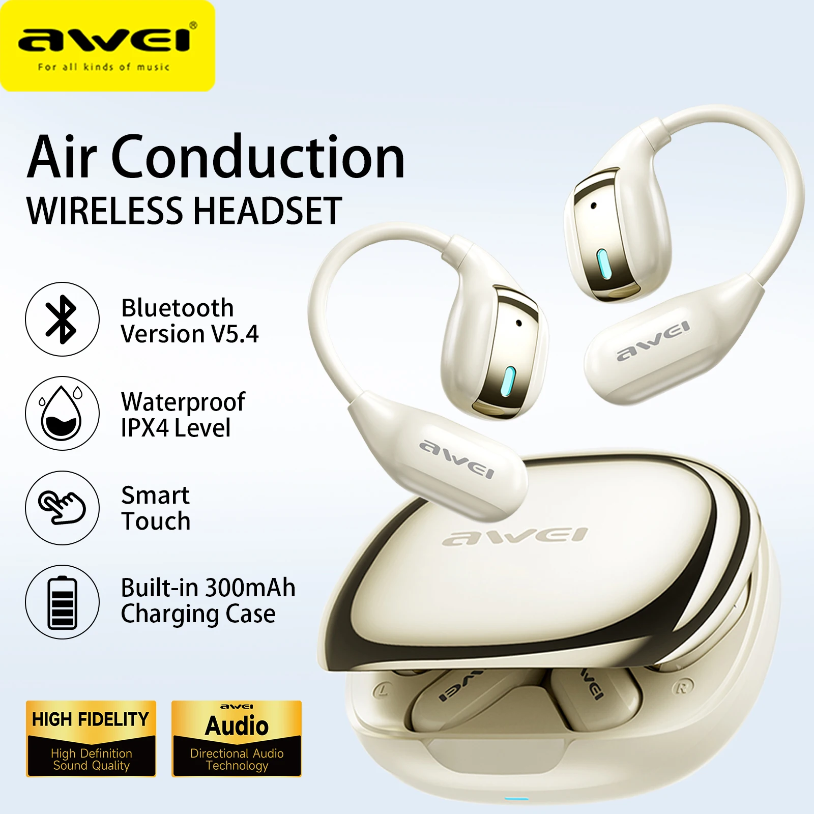سماعات توصيل هوائي AWEI TZ12، بلوتوث 5.4، محرك Ø14 ملم، مقاومة للماء IPX4، صوت عالي الدقة، سماعات أذن لاسلكية مفتوحة الأذن للرياضة