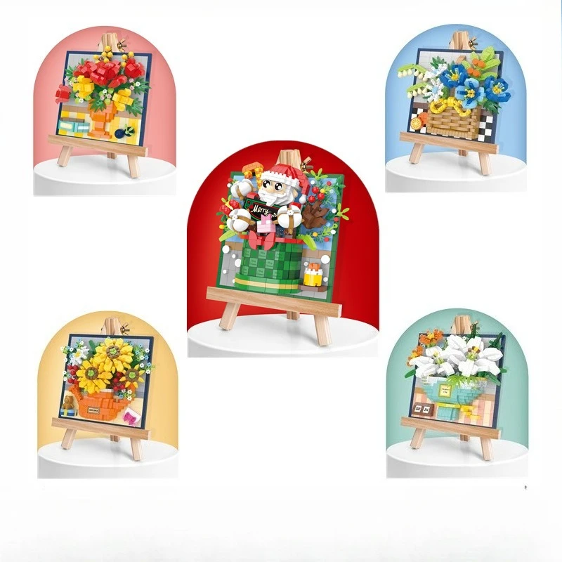 

Мольберт с букетом цветов, мини-строительные блоки, креативные строительные развивающие игрушки для детей от 10 до 12 лет, подарки для девочек и мальчиков