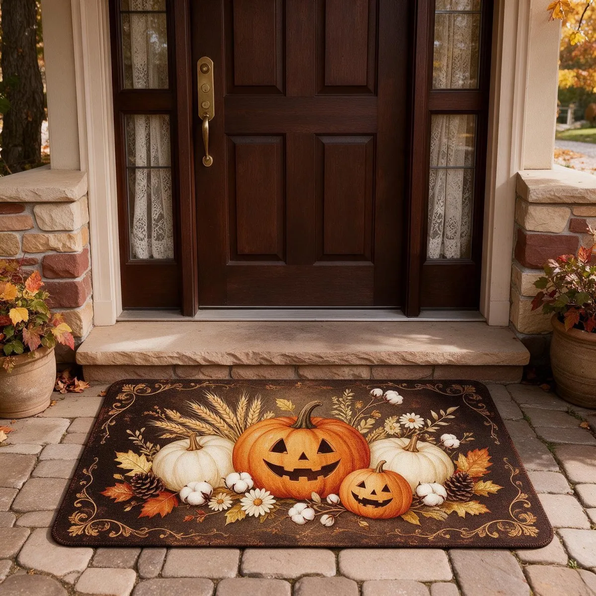 Halloweenowa mata do przedpokoju, kwadratowa, z nadrukiem, wykonana z miękkiej, puszystej tkaniny flanelowej, o grubym, chłonnym materiale i antypoślizgowej podstawie z PVC, idealna do przedpokoju,