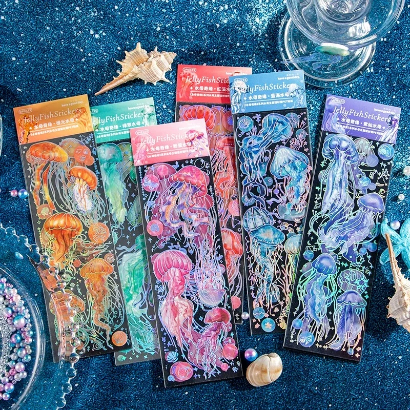 2 Pcs/Pack Jellyfish Fantasy Series Holographic PET Stickers Ocean Themed Decorative Stickers For Scrapbook Journal DIY Craft