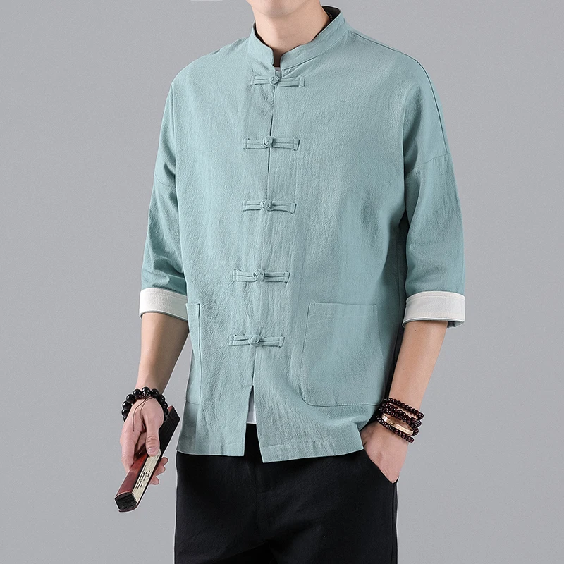 Chinese Style Shirts Men Tops Tang Suit Linen Half Sleeve Solid Traditional Kung Fu Hanfu Shirt Vintage Casual Tshirts Plus Size