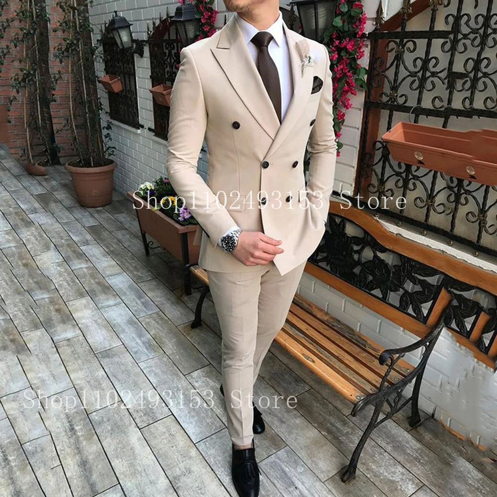 Bespoke Elegant Suits For Men 2 Pieces Beige Peak Lapel Double Breasted Slim Fit Classic Formal Wedding Dress Trajes De Hombre