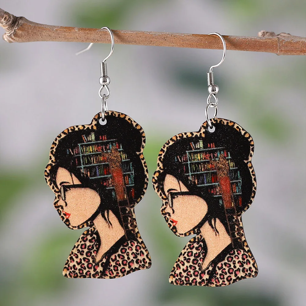 Personality Leopard Print Bookcase Earrings 3D Apple Textbook Library Bookcase Wood Double Sided Ear Rings Student Teacher Gift