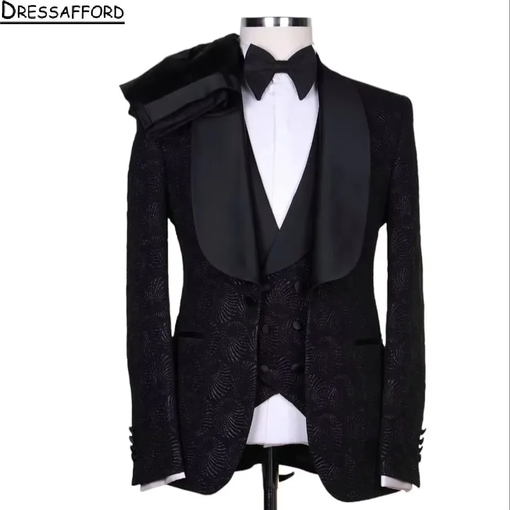 Elegant Formal Evening Party Men Suits Jacquard Weave Three Pieces Groom Wear ( Jacket + Vest + Pants )