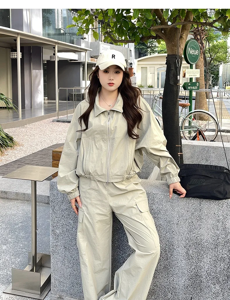 LIEDU Vintage Outdoor 2 Piece Set Women Drawstring Stand Collar Zip Up Jacket Wide Leg Cargo Pants Loose Fit Casual Outfit 2026