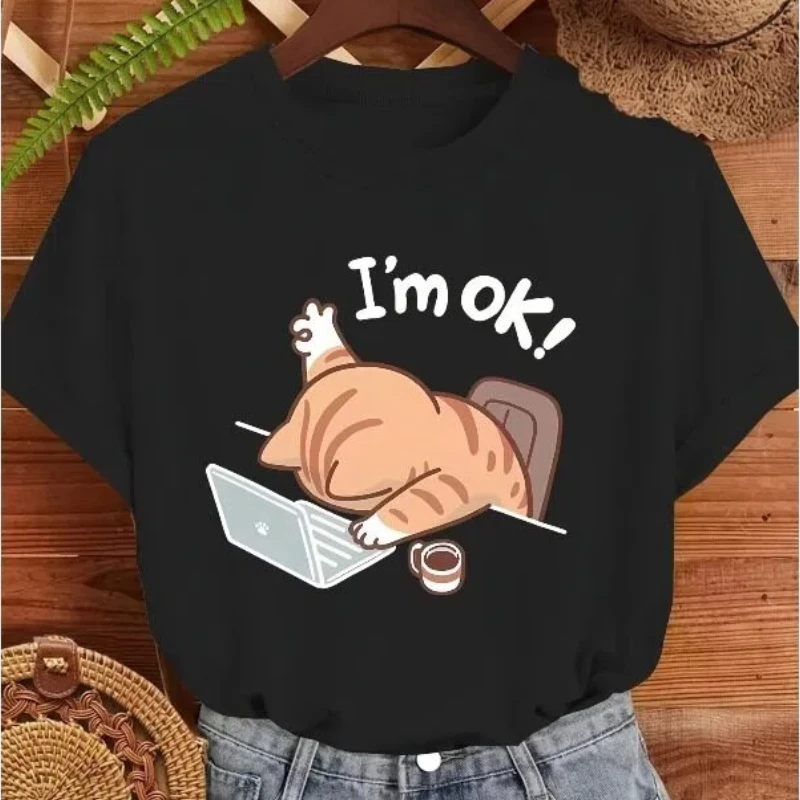 السيدات تي شيرت "Im Ok" القط طباعة الصيف لينة النسيج الحصري قميص جذاب لمحبي القط تنوعا تي شيرت ملابس Kawaii