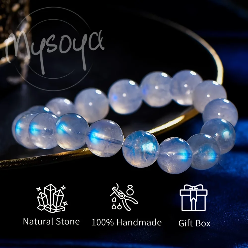 

MYSOYA Premium Natural Ceylon Ice Moonstone Bracelet Strong Blue Flash White Moonstone With Gift Box