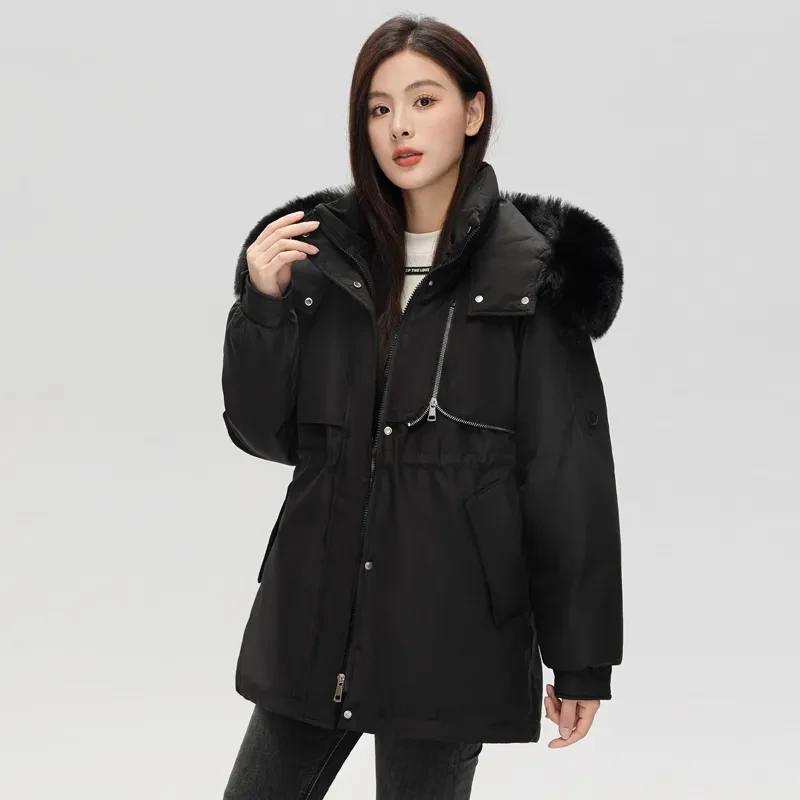 2023 New Winter Jackets Women Parka Thicken Warm Jacket Big Fur Collar Hooded Fur Lining Parka Coat Drawstring Slim Clothes