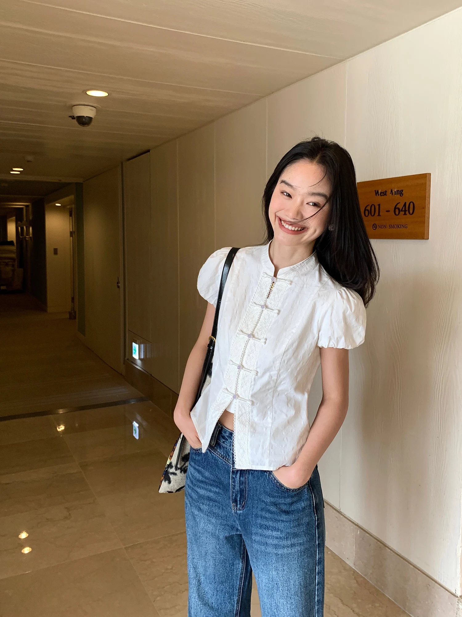 Pusumede Chinese Style Bubble Sleeve Short Sleeve Shirt Women Summer Design Sensation National Style Button up Top