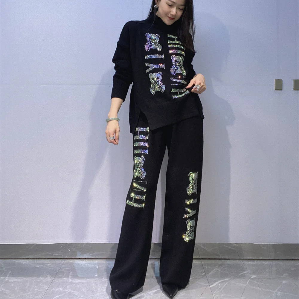 

Комплекты из 2 предметов с бриллиантами, женская одежда, повседневная осенняя одежда, водолазка, широкие брючные костюмы, Conjunto Femenino Roupa Elegante