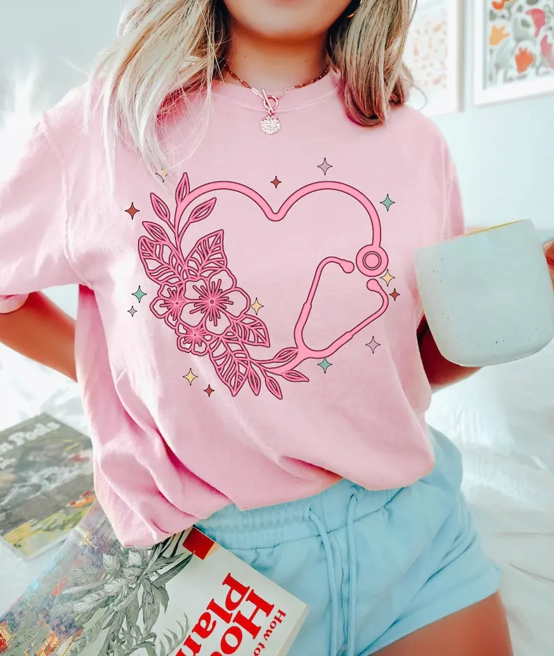 Retro Valentines Day Comfort Colors Shirt For Nurse, Floral Stethoscope Heart Shirt Short Sleeve Top Tees 100% Cotton Harajuku