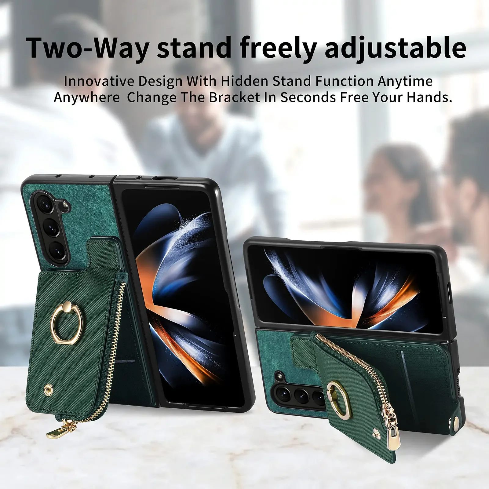 

Phone Cases For Samsung Z Fold 6/5 Shell Zipper Card Holder Ring Bracket Leather business ZFOLD6 Drop-Resistant Protective Cover