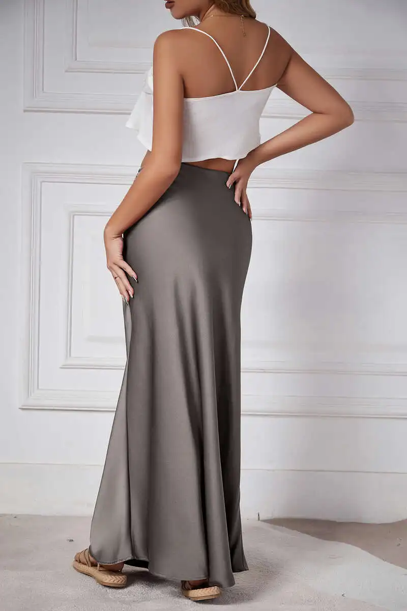 New In 2026 Women's Spring Summer Solid Color Satin Long Skirt High Waist Lace-up Trendy Elegant Faldas Female Beach Maxi Skirts
