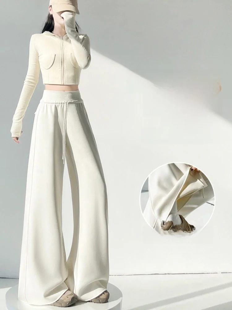 하이웨이스트 와이드 레그 팬츠 여성용 루즈 슬림 스트레이트 캐주얼 팬츠 쌀국수 스타일 스포츠 스웨트팬츠 가을 겨울 신상