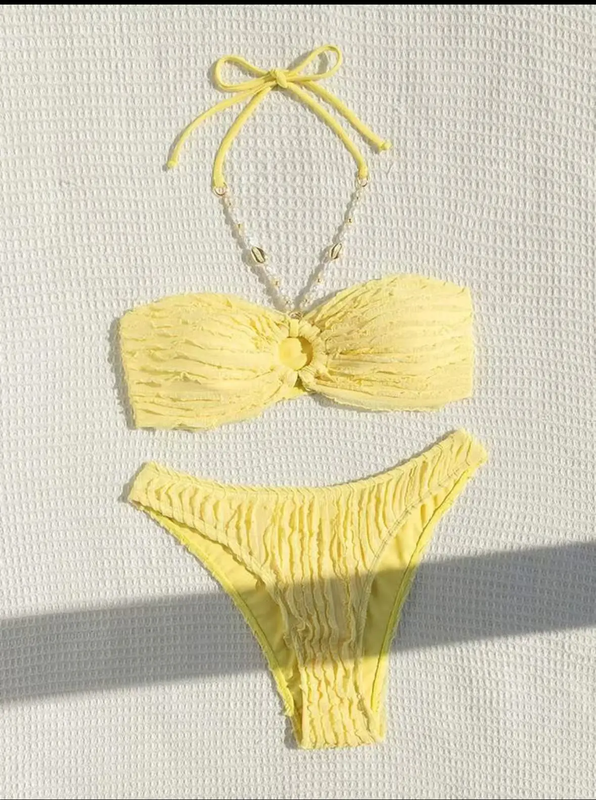 sexy yellow plain ribbed pearl halter tie bandeau bikinis sets two pieces thong swimsuit beachwear bathing suit swimwear biquini