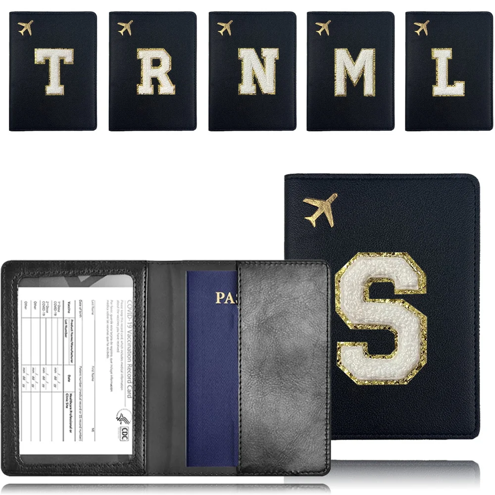 

Passport Organizer Case PU Passport Cover Stylish Boarding Pass Business Holder Initial Chenille Embroidery Letter Gold Pattern