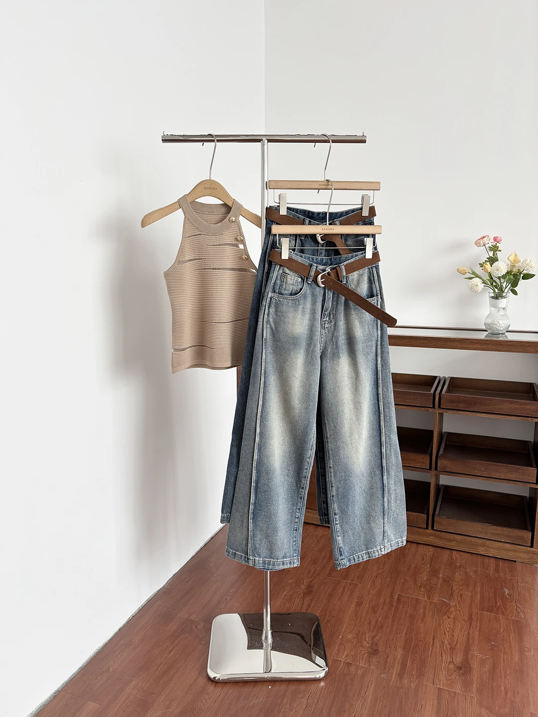 

Джинсы с высокой талией и прямыми штанинами в стиле ретро, женские модные джинсы с поясом, летние, новые, в корейском стиле, утягивающие, из полиэфирного волокна