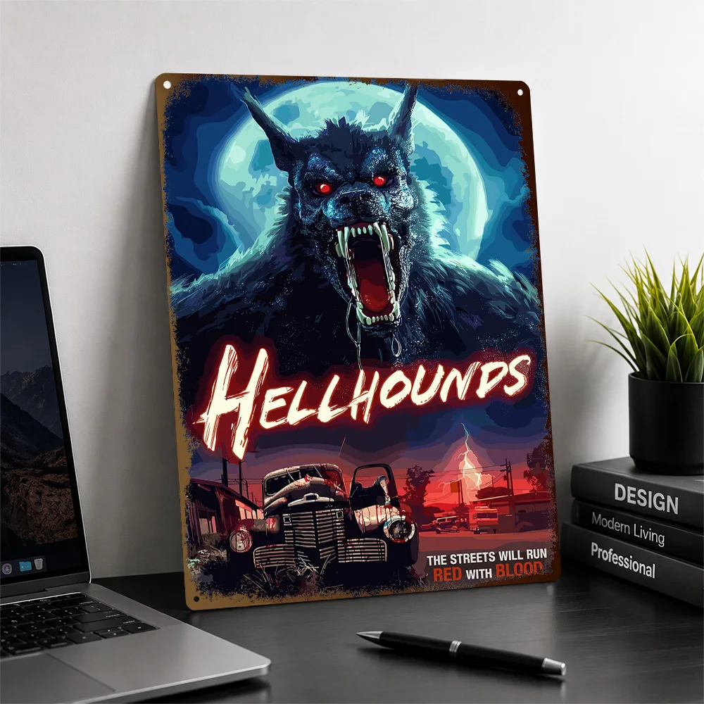 Hellhounds Werewolf Aluminum Poster Customized Metal Sign Detailed Macabre Screen Scene Wall Art Ideal For Entertainment Rooms