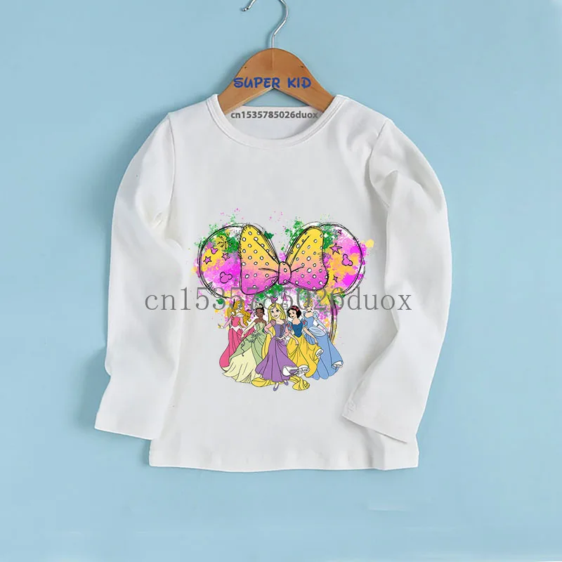 خريف 2025 ديزني المائية الأميرة فتاة طويلة الأكمام تي شيرت سندريلا إلسا حسناء ارييل أورورا Kawaii فتاة قاع الملابس #2