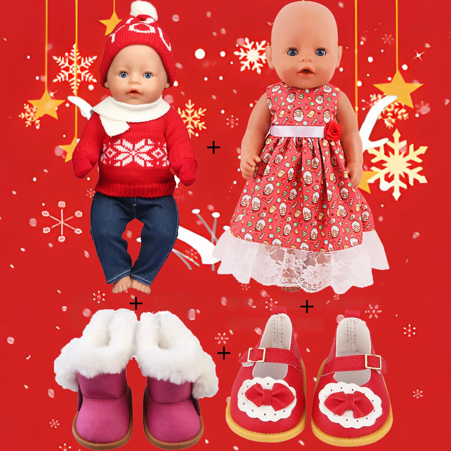 

Свитер со снежинками + джинсы + шапка + платье Санта-Клауса, костюмная обувь, рождественская одежда для 18-дюймовых американских кукол 43 см для новорожденных