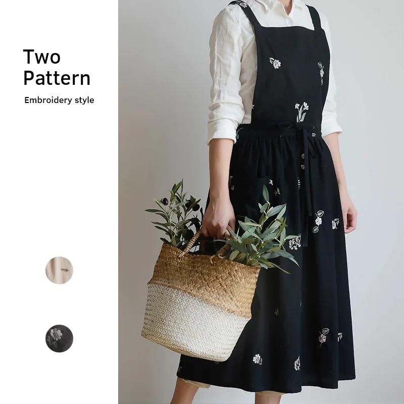 Bawełniane haftowane fartuchy X-Back Fartuch Pinafore Sukienka Fartuch na szelkach z kieszeniami do gotowania Ogrodnictwo Pieczenie Malowanie