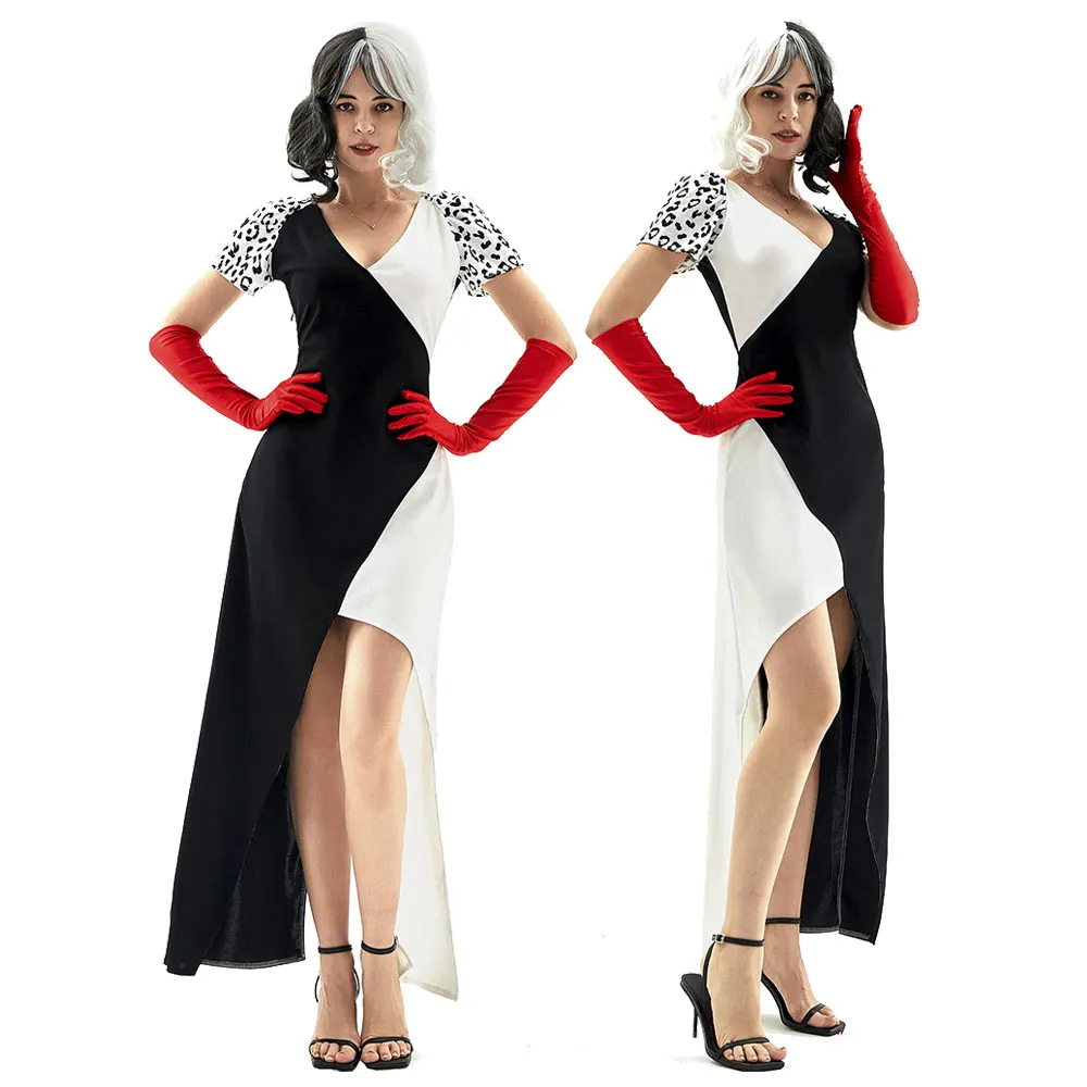 

Halloween Anime Dalmatians Cruella Devil Witch Funny Costume Stage Performance Clown Circus Evil Clown Cosplay Dress